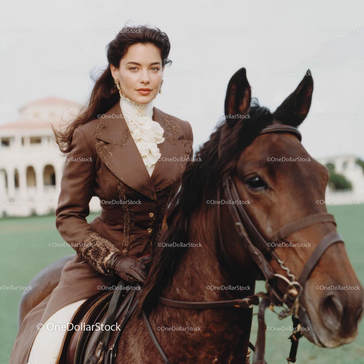 Elegant Woman Riding a Brown Horse in Vintage Attire