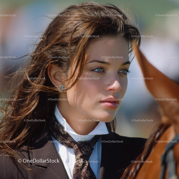 Elegant Young Woman with Brown Hair and Blue Eyes Outdoors