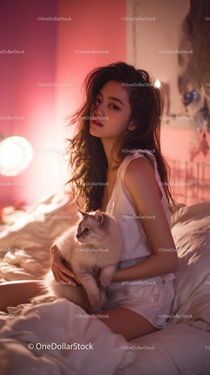 Woman in White with Fluffy Cat in Cozy Bedroom