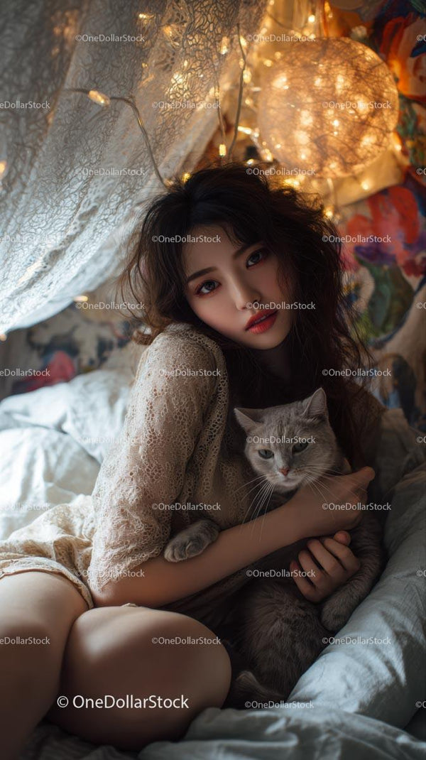 Woman Cuddling with Cat in Serene Bedroom Setting