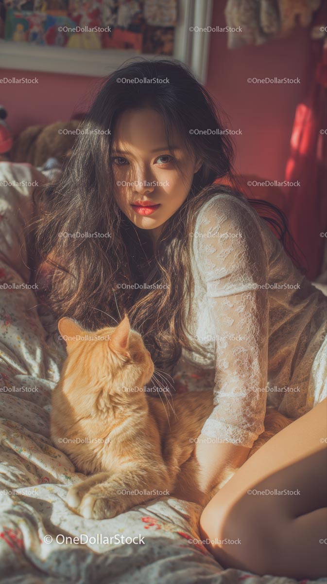 Woman Relaxing with Ginger Cat in Sunlit Bedroom