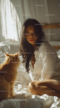 Woman Relaxing with Ginger Cat in Sunlit Bedroom