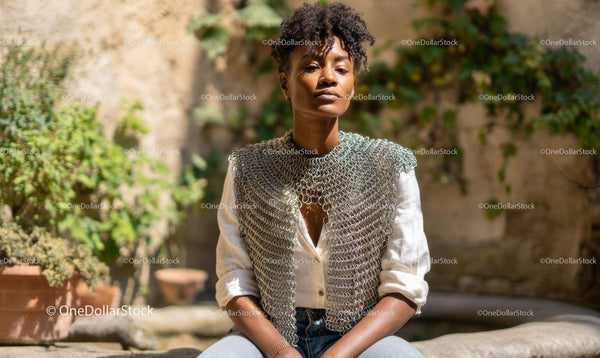 Confident Woman in Chainmail with Greenery Background