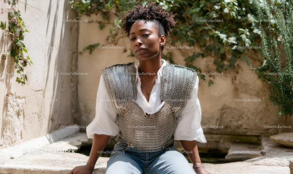 Confident Woman in Chainmail Armor with Ivy Backdrop