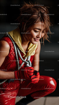 Confident Woman in Red Gear Holding Climbing Rope