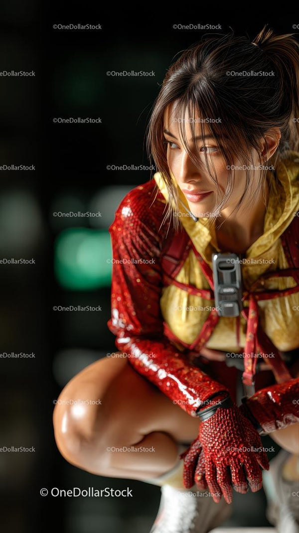 Woman in Futuristic Red and Yellow Armor in Urban Setting