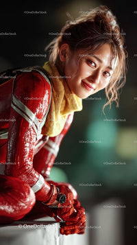 Confident Woman in Red Futuristic Attire Smiling