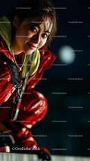 Confident Woman in Red Jacket Under Moonlit Sky