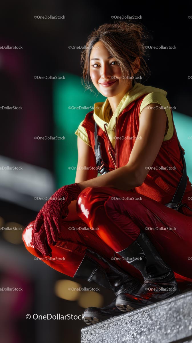 Stylish Woman in Red Outfit Relaxing in Urban Setting