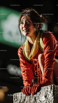 Confident Young Woman in Red Jacket at Night