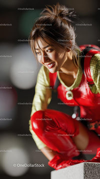 Smiling Woman in Vibrant Red Outfit in Urban Setting
