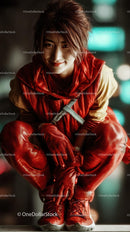 Young Woman in Red Urban Outfit with Confident Expression