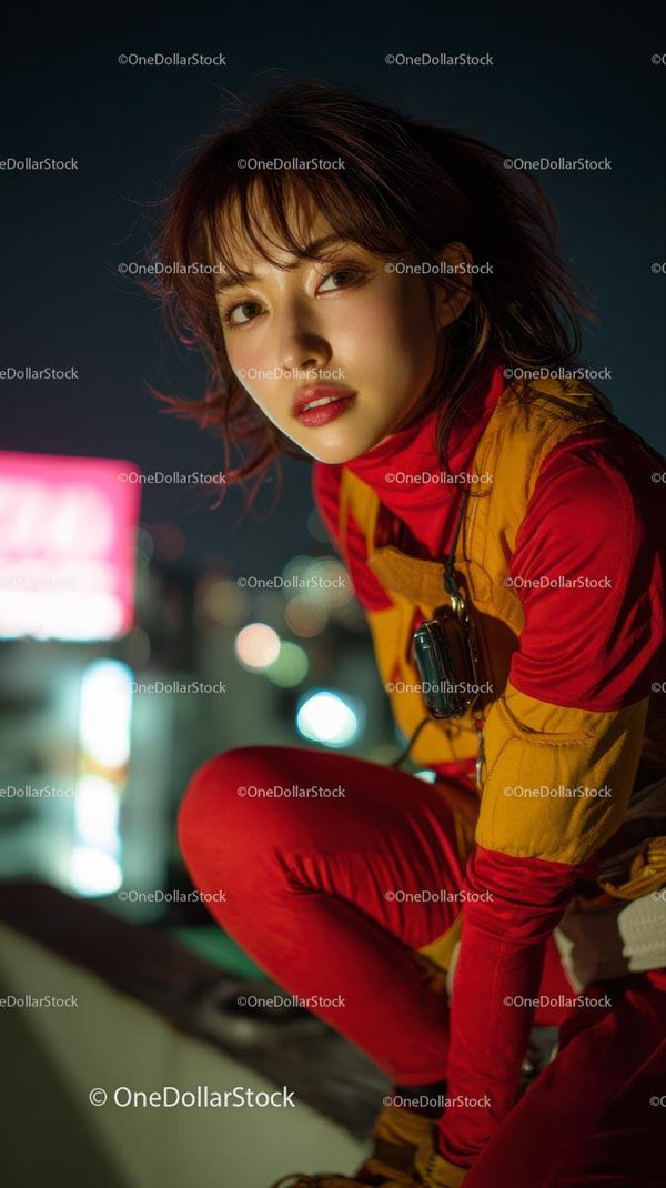 Stylish Woman in Red Outfit on Rooftop at Night