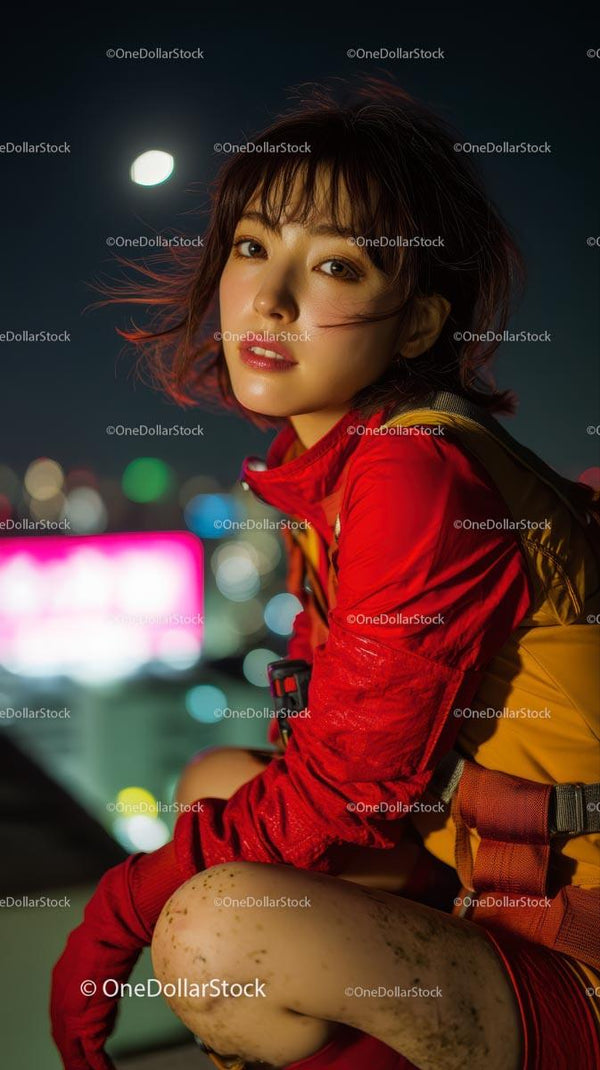 Woman in Red Jacket Posing on Rooftop at Night