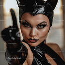 Mysterious Woman in Black Cat Costume with Bold Makeup