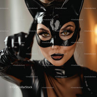 Woman in Black Cat Costume with Mysterious Expression