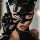Fierce Woman in Black Latex Costume with Cat Ears