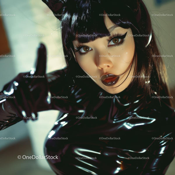 Cat Woman in Shiny Black Latex Costume