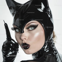 Stylish Woman in Latex Cat Costume Close-Up