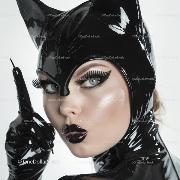 Stylish Woman in Latex Cat Costume Close-Up