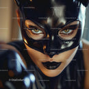 Intense Woman in Leather Cat Mask with Fierce Gaze