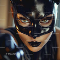 Intense Woman in Leather Cat Mask with Fierce Gaze