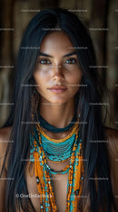 Woman with Vibrant Tribal Necklace and Long Hair