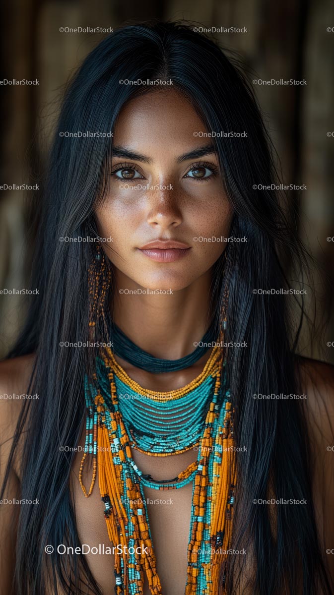 Woman with Vibrant Tribal Necklace and Long Hair