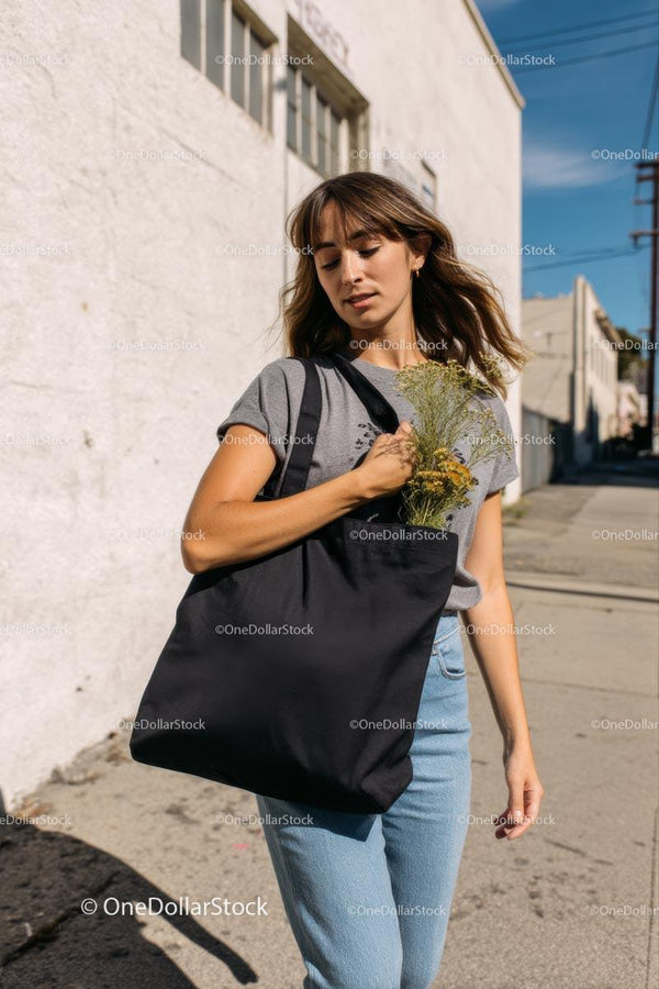 Young Woman in Casual Outfit with Tote Bag on Sunny Street