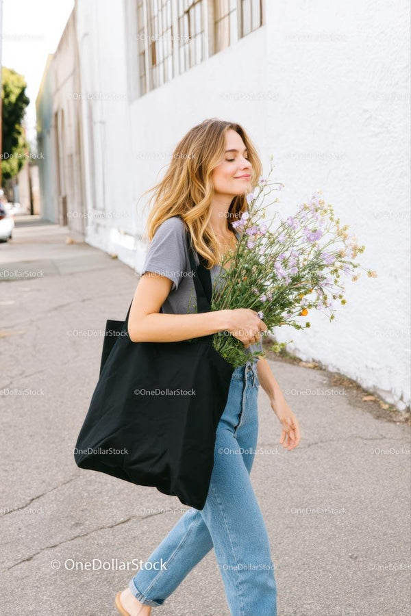 Smiling Woman Walking with Wildflower Bouquet on Urban Street