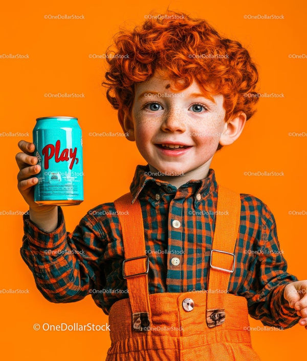 Cheerful Redhead Boy Holding a Blue Beverage Can