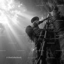 Adventurer Climbing Bamboo Ladder in Sunlit Cave