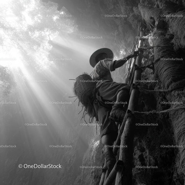 Adventurer Climbing Bamboo Ladder in Sunlit Cave