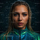 Woman with Snowflakes and Intense Blue Eyes
