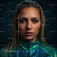 Woman with Snowflakes and Intense Blue Eyes