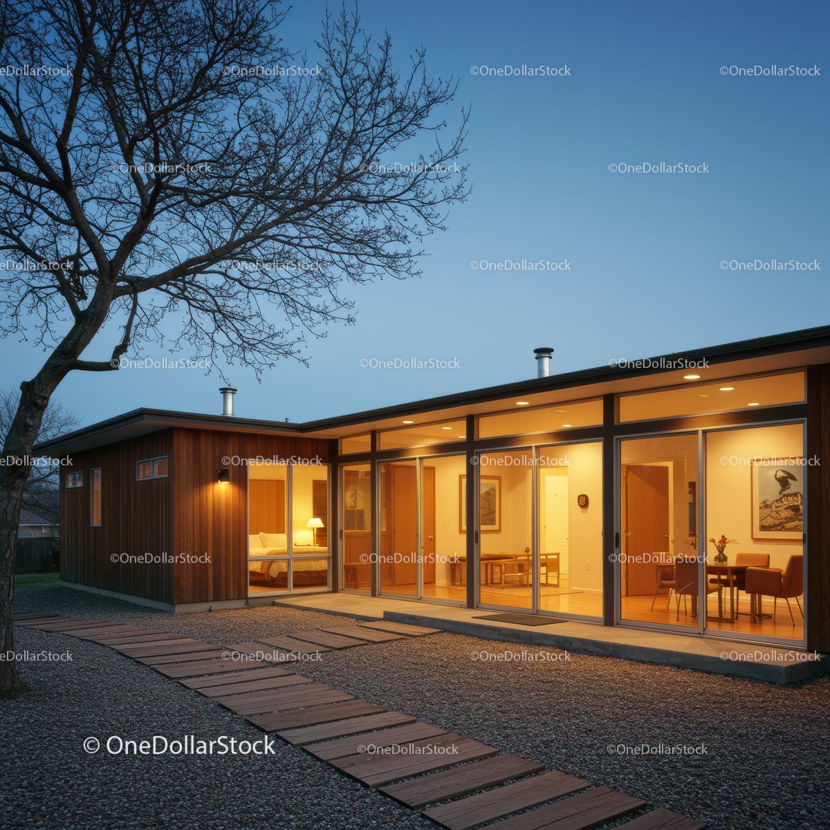 Modern Home with Warm Lighting During Twilight