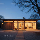 Modern Glass-Fronted Home at Dusk with Warm Interiors