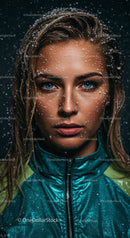 Blue-Eyed Woman in Green Jacket Covered in Snowflakes