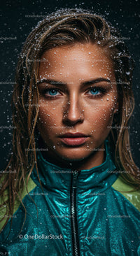Blue-Eyed Woman in Green Jacket Covered in Snowflakes
