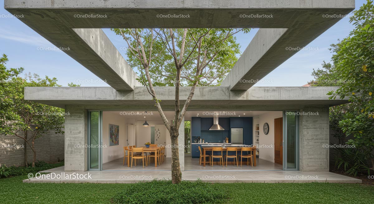 Modern Concrete Structure with Outdoor Dining and Tree Canopy