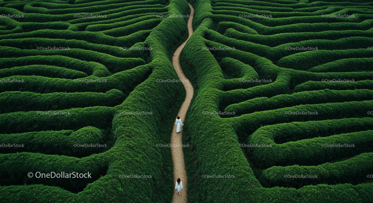 Aerial View of a Lush Green Maze with Central Pathway