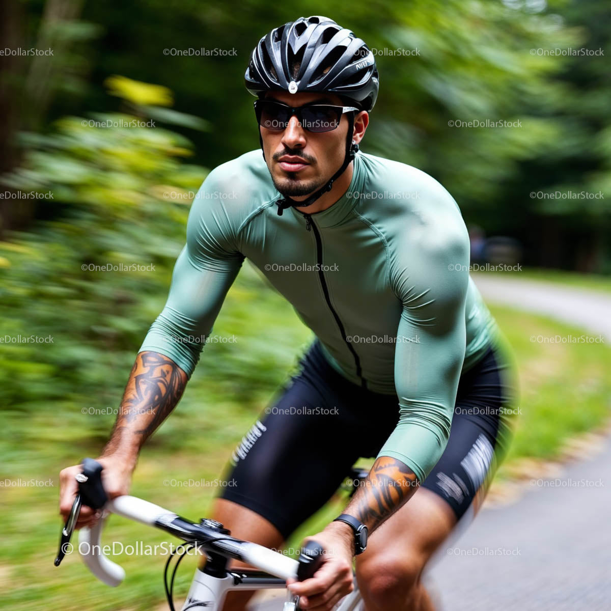 Athletic Cyclist Riding Fast Through a Green Forest