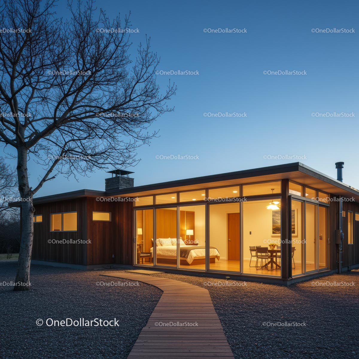 Modern Home with Warm Lighting During Twilight