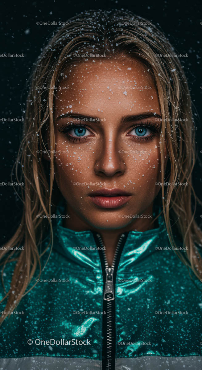 Intense Portrait of Woman with Snowflakes and Blue Eyes