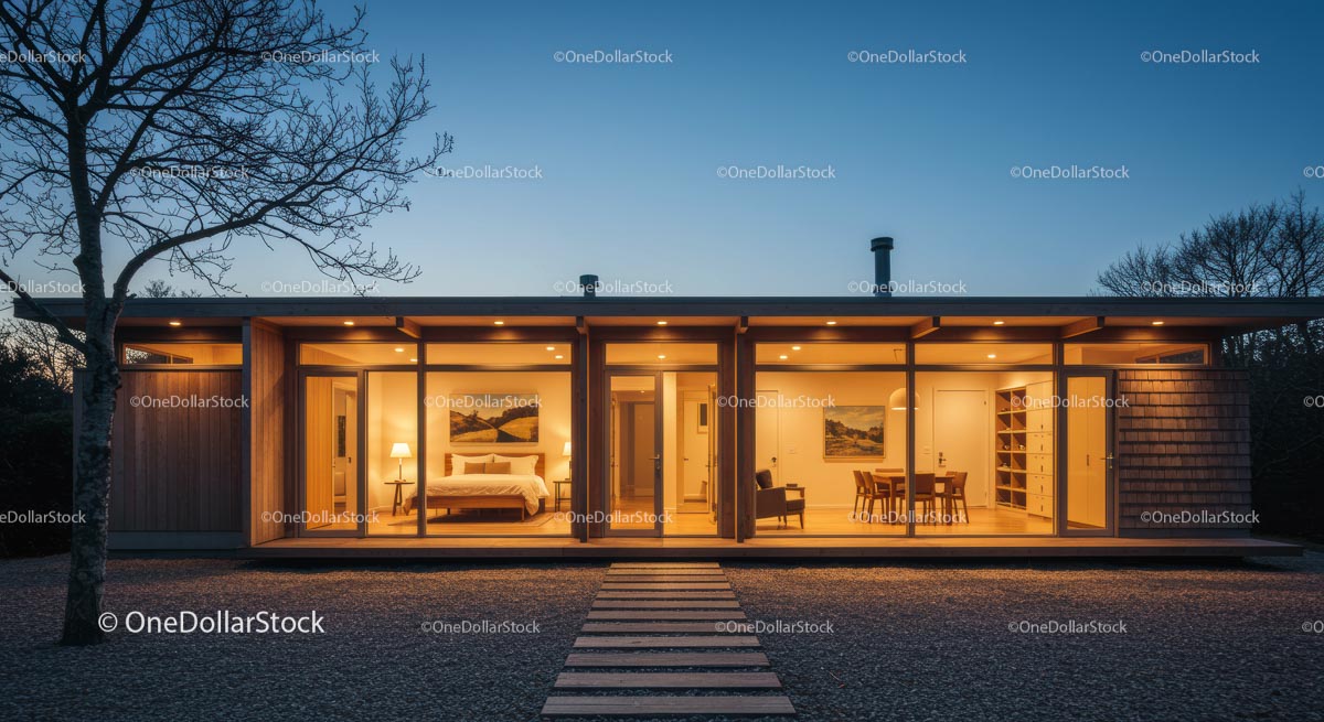 Modern Home with Warm Lighting During Twilight
