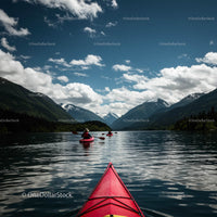 Kayakers Exploring Serene Mountain Lake Under Blue Skies