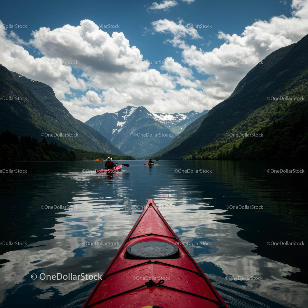 Kayaking on a Serene Lake Amidst Majestic Mountains