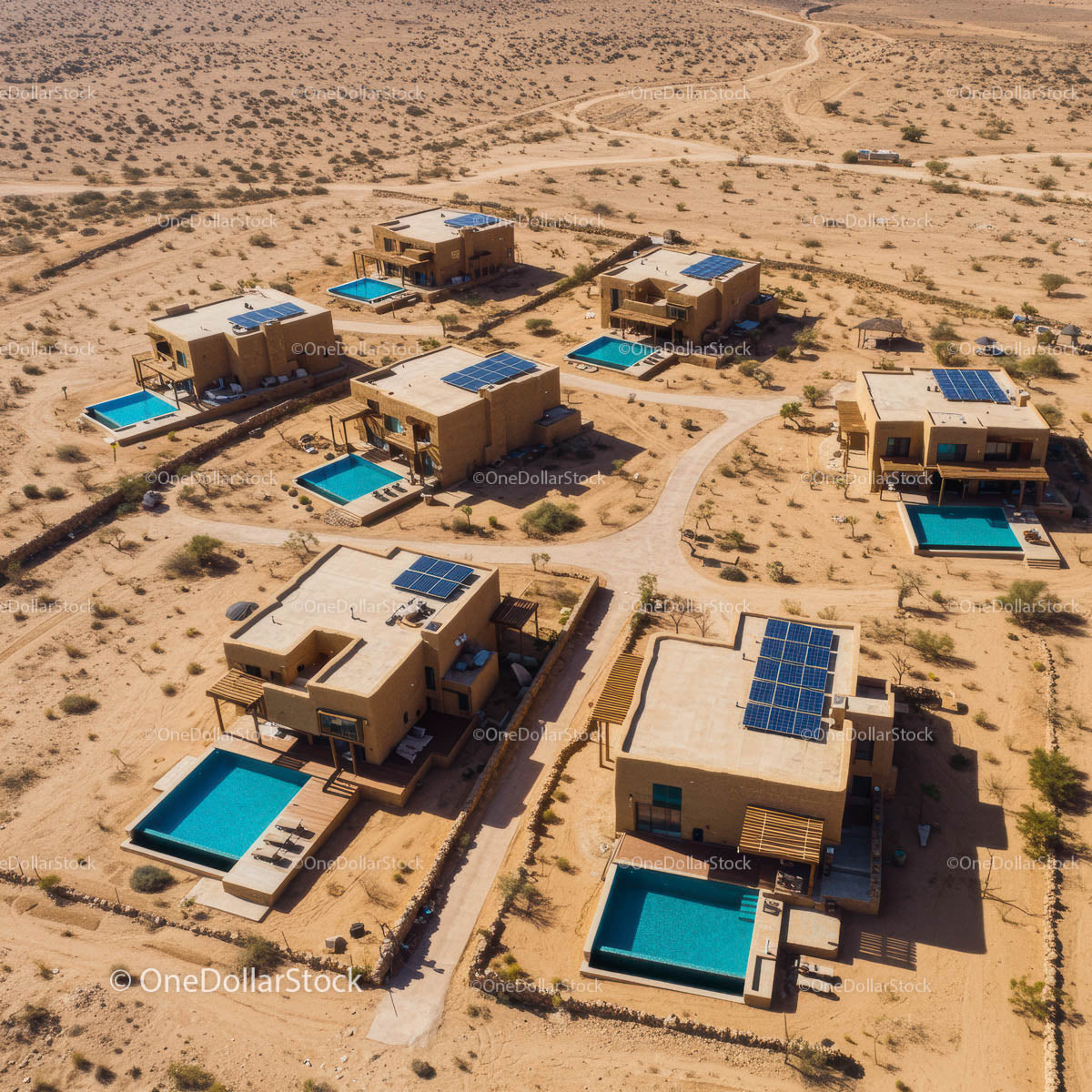 Aerial View of Modern Desert Villas with Pools