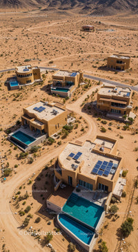 Aerial View of Luxury Desert Villas with Solar Panels