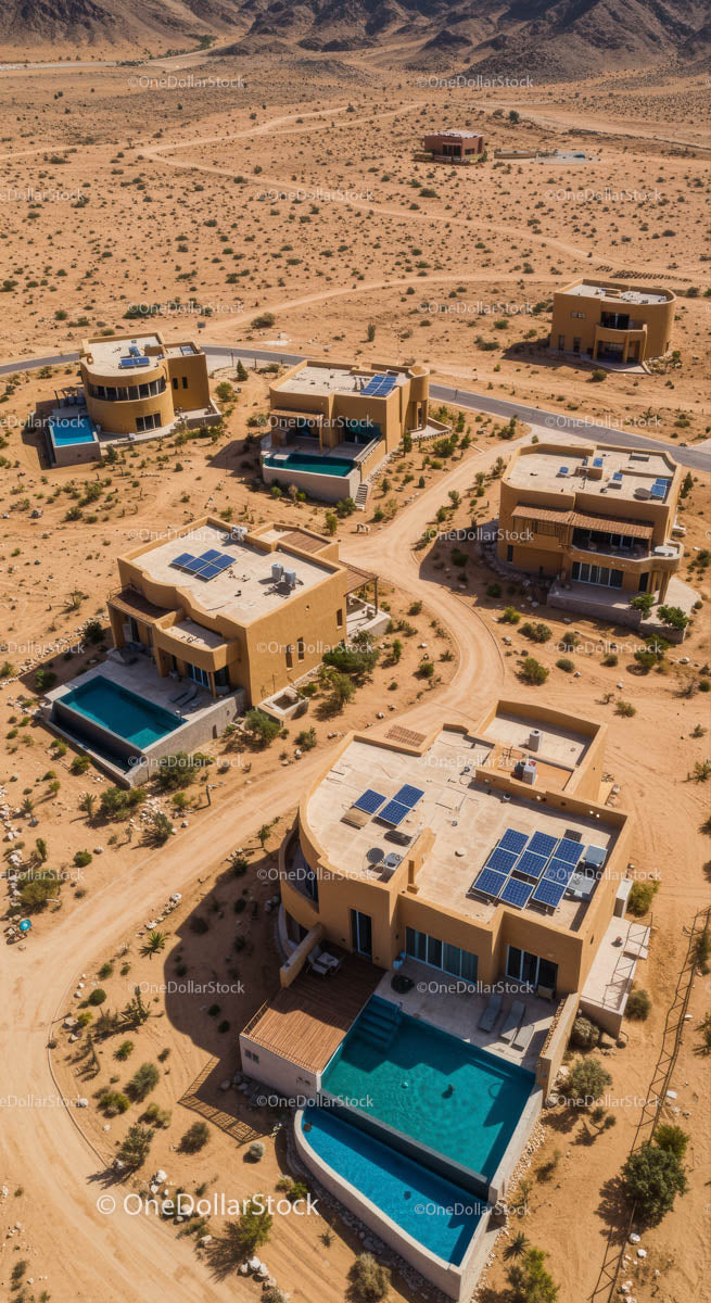 Aerial View of Luxury Desert Villas with Solar Panels